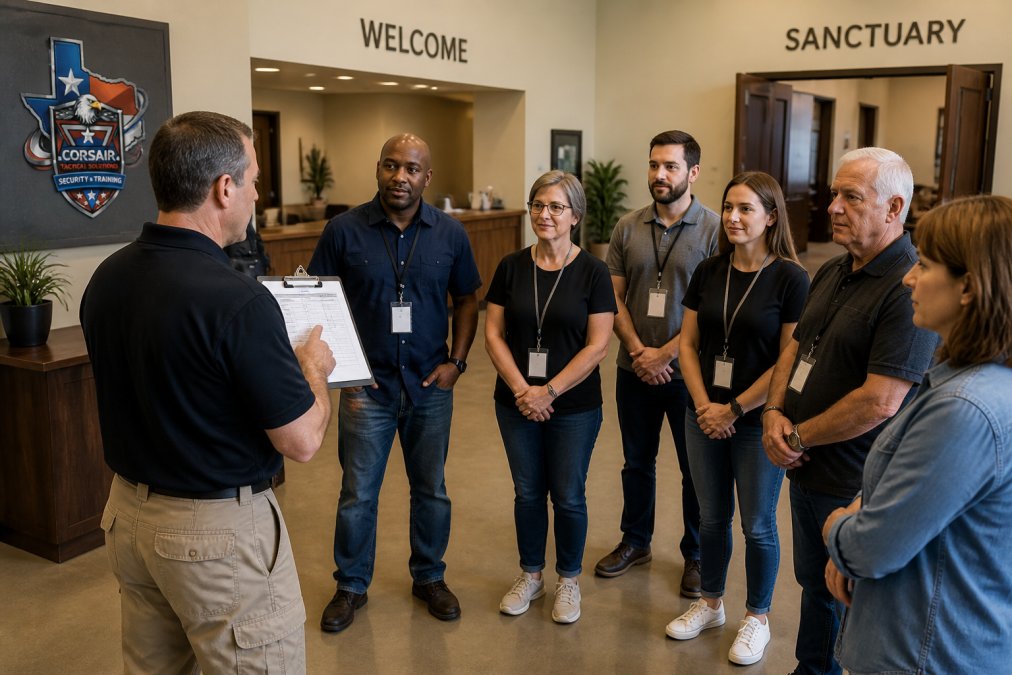 A diverse group of church volunteers in casual attire standing in a church lobby, receiving instruction from a security team leader who is pointing at a clipboard, with a welcome desk and sanctuary doors visible in the background