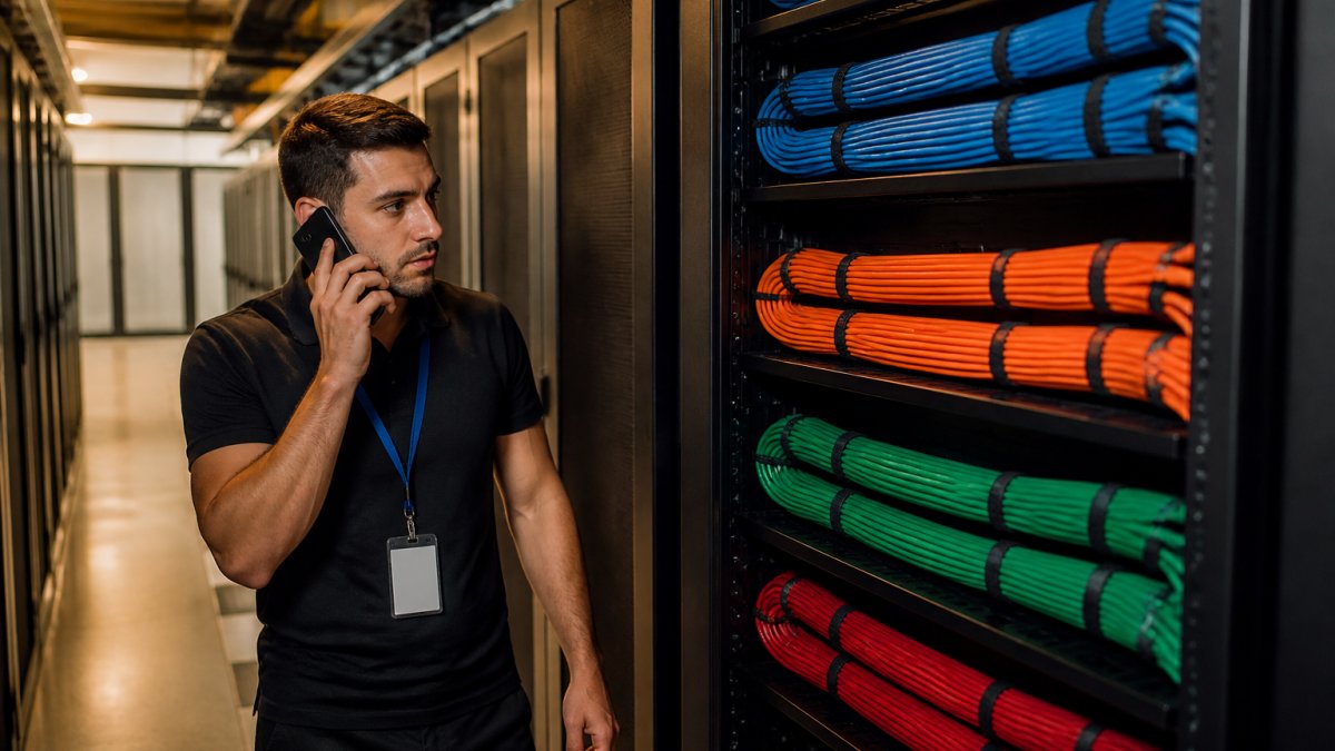Technician inspecting neatly bundled blue, orange, green, and red network cables inside a modern server rack.