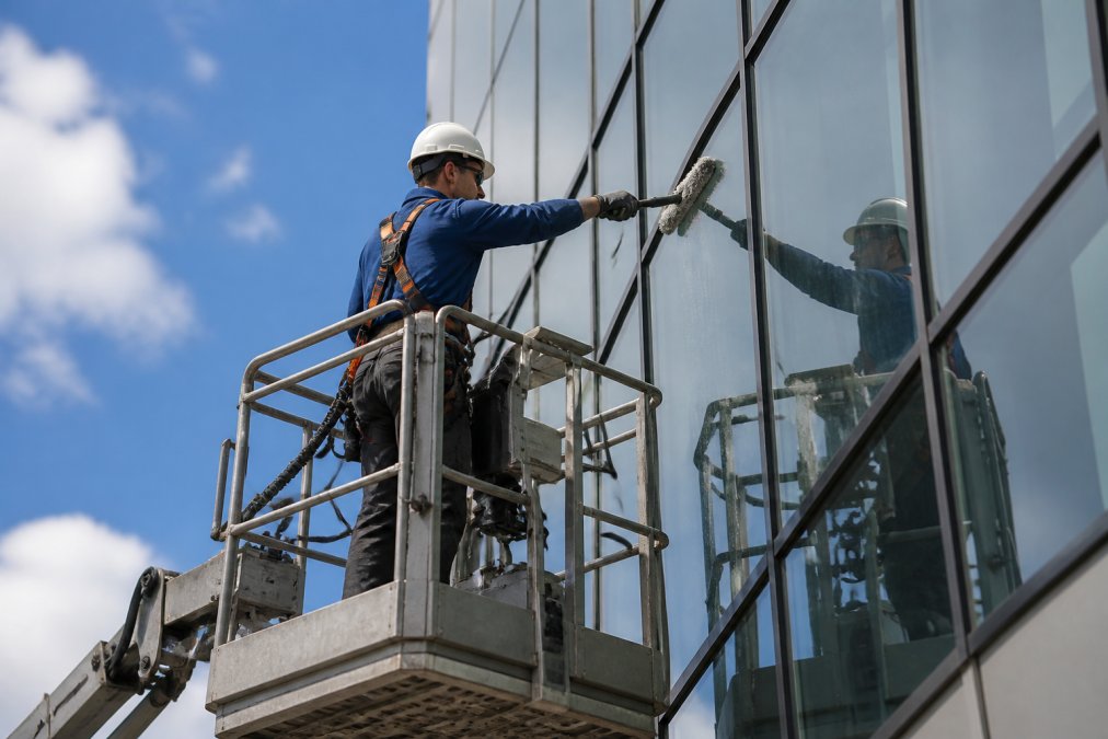 Window cleaner in safety gear performing commercial window maintenance on a high-rise glass facade.