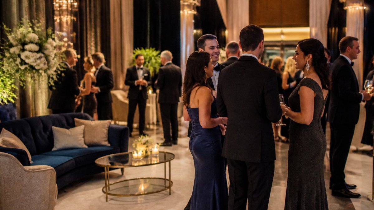 Elegantly dressed guests in formal attire mingling at a sophisticated gala with ambient lighting, lounge seating, and elegant décor visible in the background