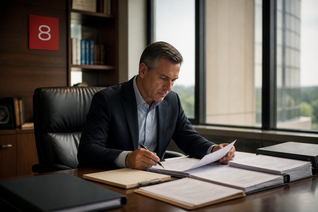 Procurement executive reviewing compliance documentation at a desk with multiple monitors displaying contract data, regulatory frameworks, and governance workflows in a modern office setting with natural lighting