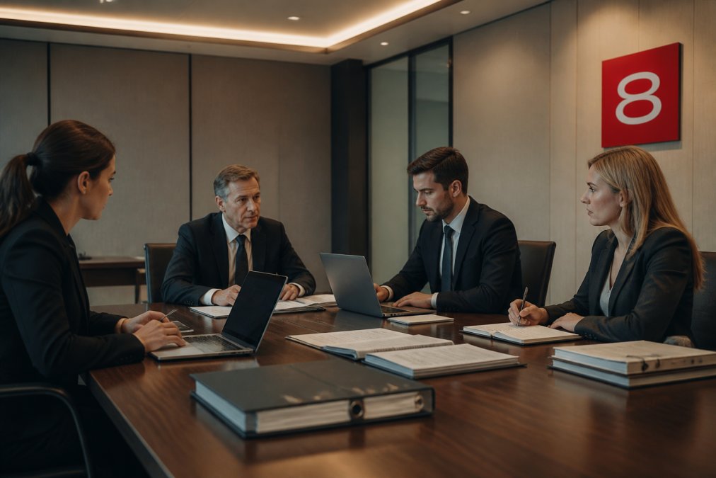 Team of compliance and legal professionals collaborating in a secure conference room, reviewing contract terms and audit trails on laptops with multiple screens displaying governance dashboards and historical documentation