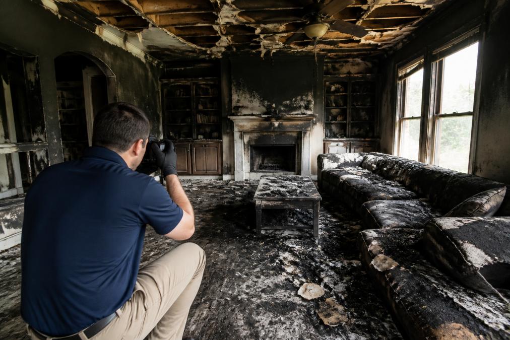 Professional restoration technician photographing fire-damaged living room with wide-angle camera, capturing charred walls, ceiling damage, and soot accumulation under natural light from windows