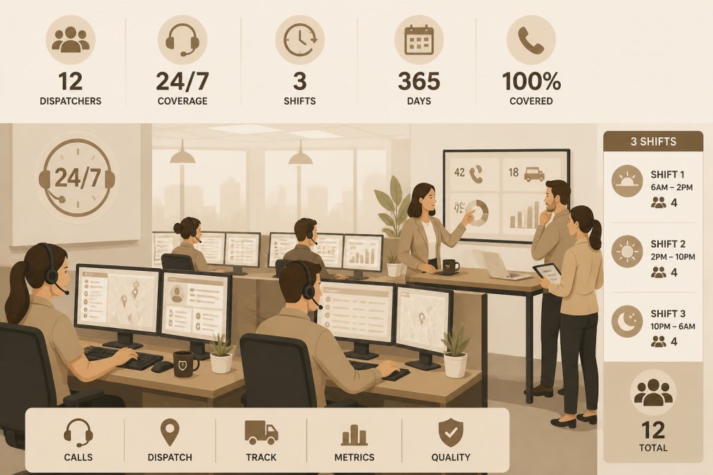 Team of dispatchers in modern call center environment, some seated at desks with dual monitors and headsets actively managing calls, others collaborating at a standing table reviewing dispatch metrics, professional lighting and organized workspace showing 24/7 operational setup