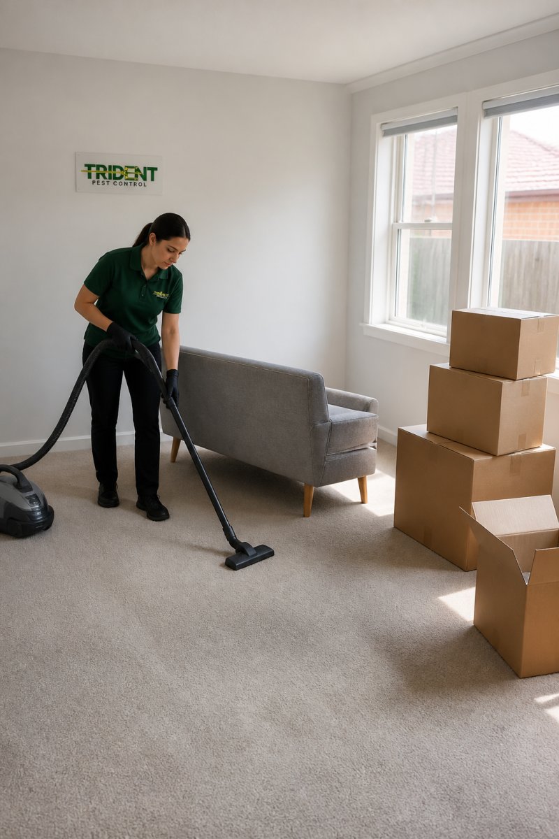 A tenant vacuuming carpet and moving furniture away from skirting boards in a bright, empty rental living room, with packed cardboard boxes stacked nearby and afternoon light through bare windows