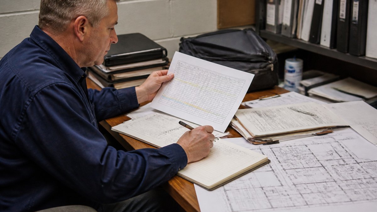 Facility manager reviewing maintenance budget spreadsheet and work orders at desk with building floor plans and inspection reports visible
