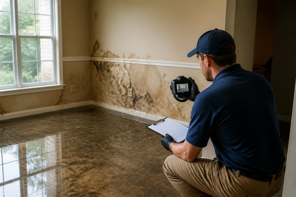 IICRC-certified restoration technician documenting water damage with professional camera and clipboard in a flooded residential room, water visible on walls and floor, taking detailed photographs for damage assessment