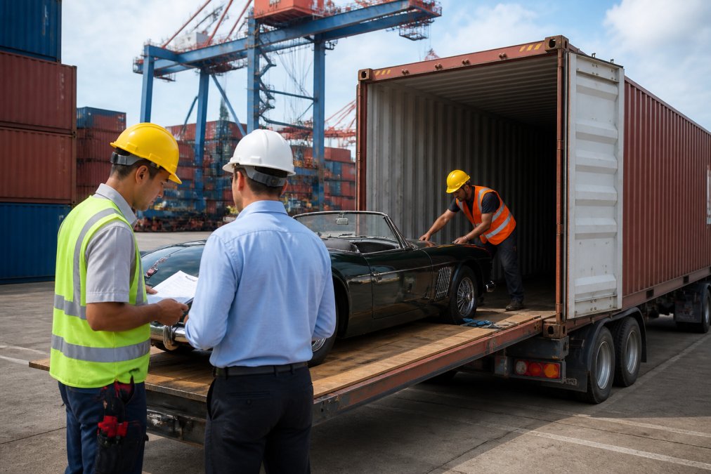 Professional freight forwarder and logistics personnel managing classic car loading onto shipping container at busy port terminal, with cargo handling equipment and maritime containers visible