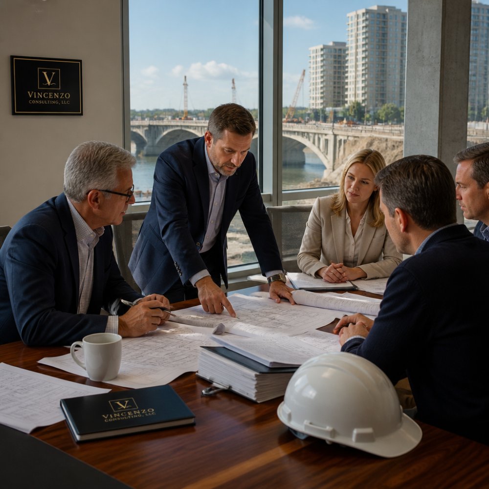 Project team reviewing infrastructure risk assessment plans and site documents in a modern office conference room.
