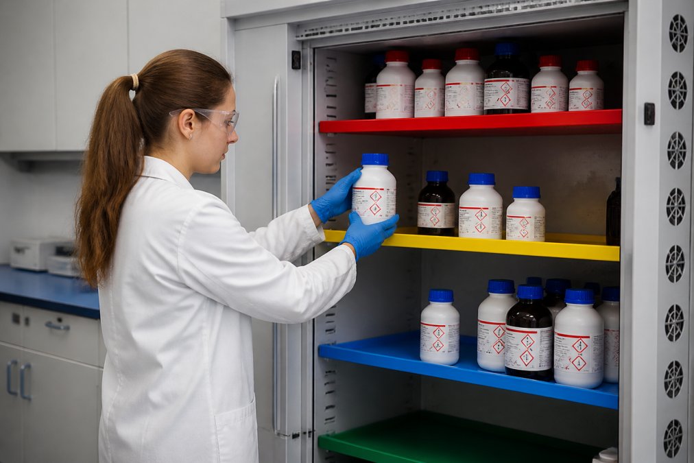 A laboratory technician in safety glasses and nitrile gloves placing labelled chemical bottles onto separate shelves inside a ventilated storage cabinet, colour-coded shelf labels visible, overhead fluorescent lighting