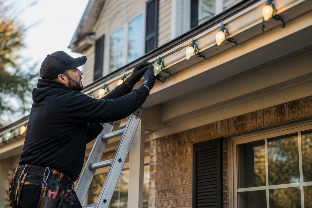 A technician on a ladder carefully attaching a roofline clip to the gutter of a two-story home, with C9 LED bulbs and neat wiring visible along the fascia, late afternoon light