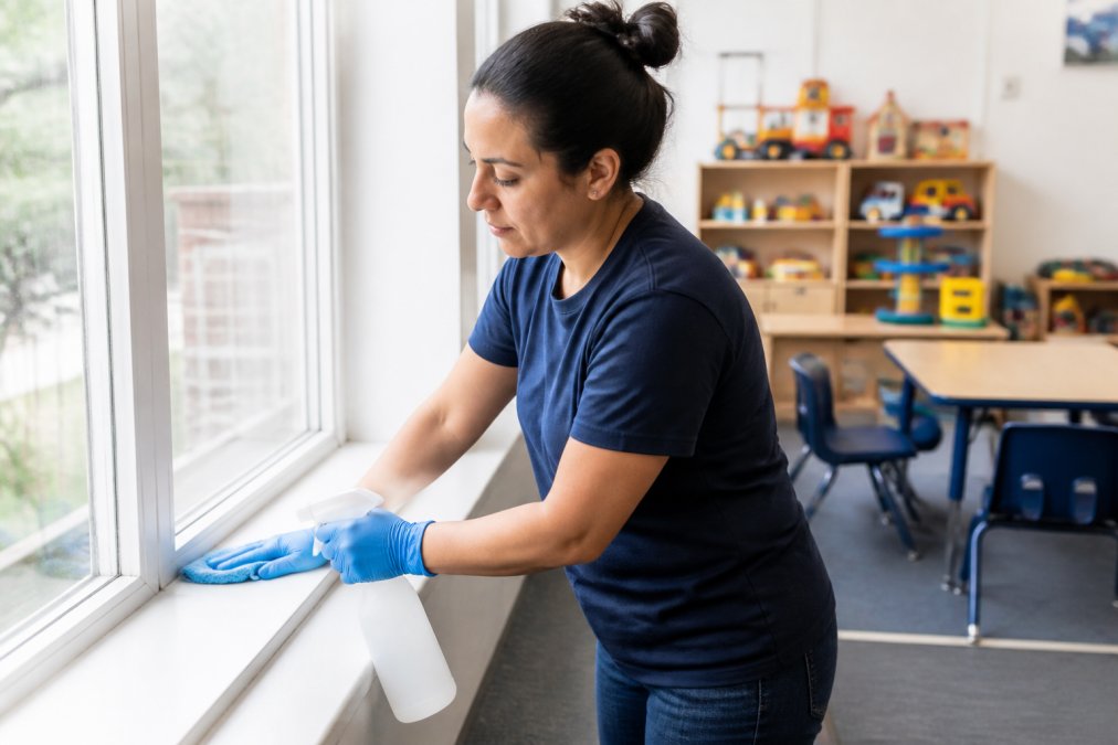 A childcare provider wearing gloves wet-wiping a windowsill with a spray bottle and cloth in a bright, tidy classroom with toys and small chairs in the background