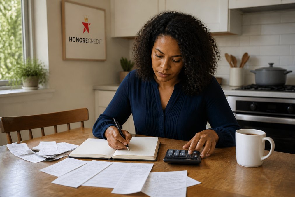 A person sitting at a kitchen table with a laptop, notebook, and calculator, reviewing monthly income and expenses with a cup of coffee nearby