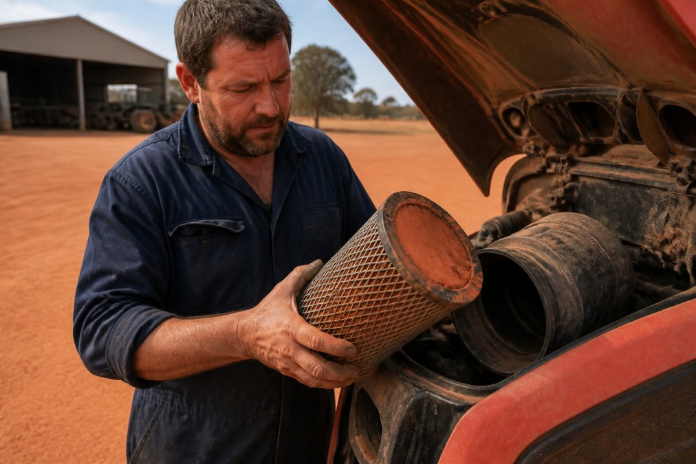 A farmer in work clothes inspecting a dusty air filter element from a small tractor engine bay, with red Mallee soil visible on the filter and a shed or paddock in the background