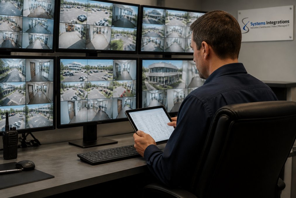 A security operations center with multiple monitors displaying live camera feeds from different building locations, an operator reviewing access logs on a tablet