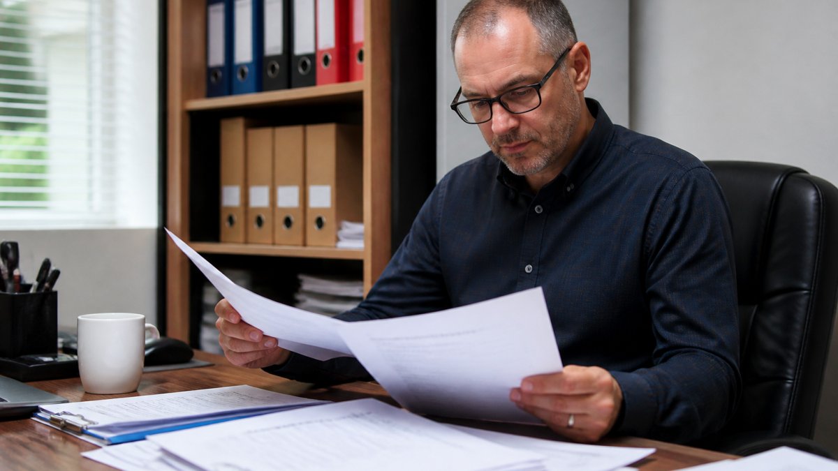 Landlord reviewing tenant deposit documentation and prescribed information checklist at desk with filing system visible