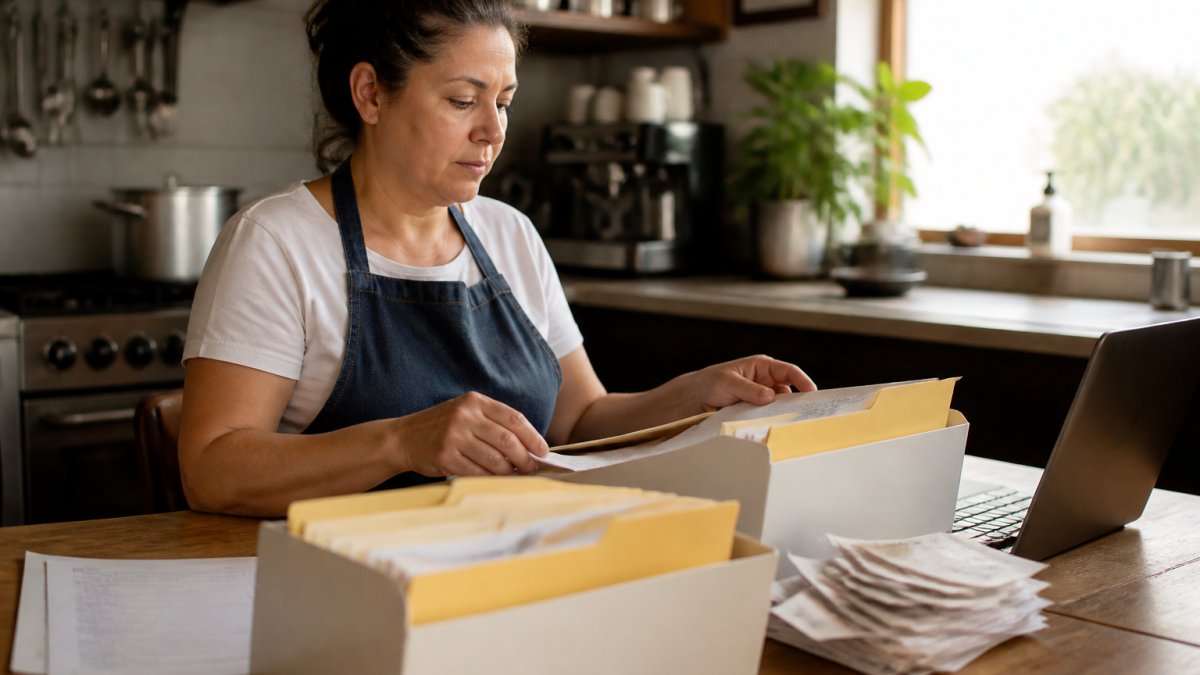 A person organizing digital receipts by sorting printed papers into labeled folders on a sunlit wooden desk.