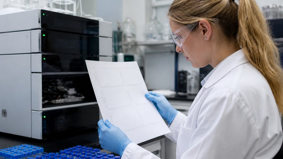 Scientist analyzing an HPLC chromatogram to verify peptide purity in a lab