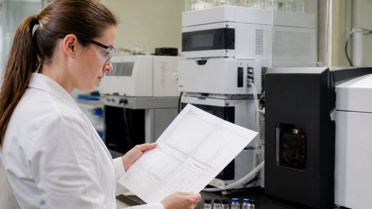 Researcher reviewing HPLC chromatograms for peptide quality control in an analytical laboratory