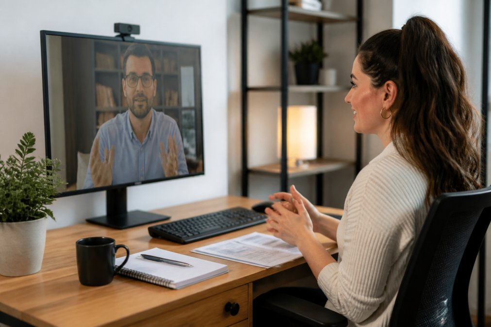 Remote administrative professional at home office desk during video call with manager, with onboarding materials and company documentation visible on screen, professional lighting