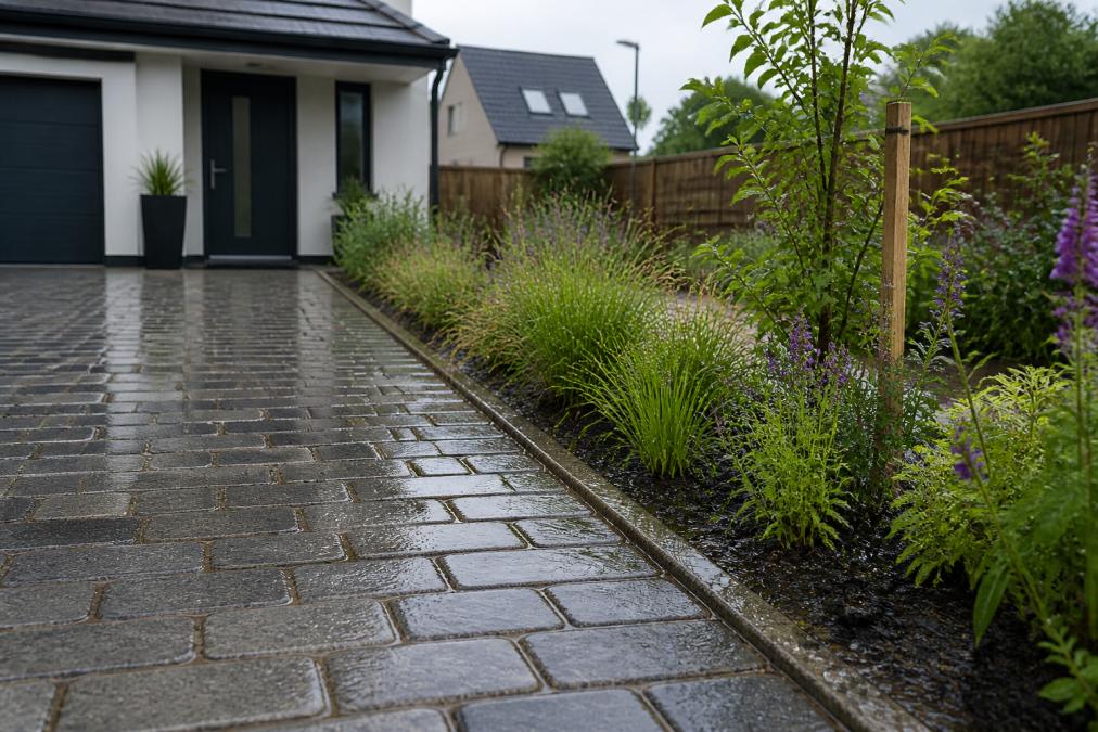Permeable driveway with a rain garden illustrating effective residential drainage planning after rainfall.