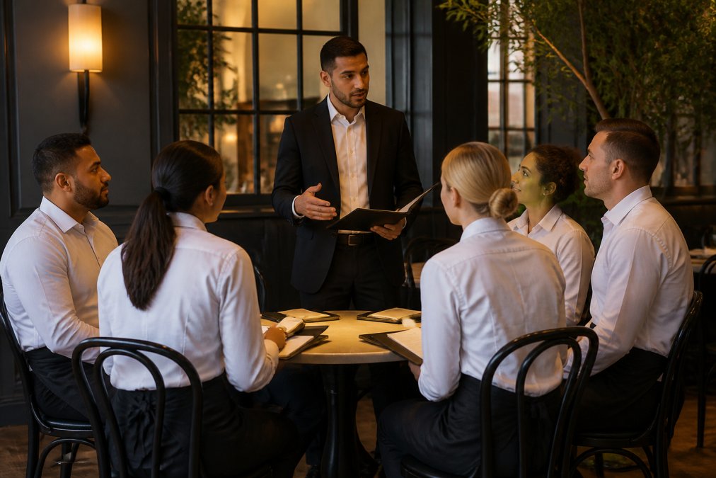 A restaurant manager leading a short pre-shift briefing with servers gathered around a small table in a warm dining room, notebooks and menus in hand
