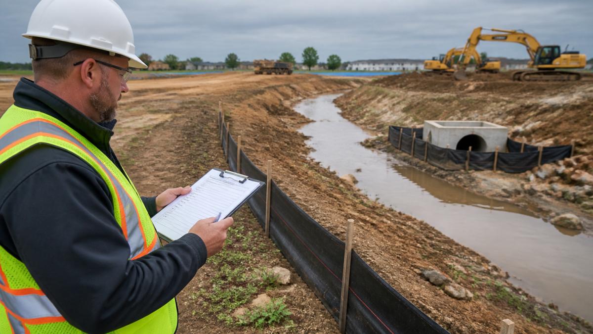A construction site inspector in a hard hat and safety vest holding a clipboard checklist while examining a silt fence and inlet barrier along a stormwater drainage channel, with earth-moving equipment visible in the background under an overcast sky