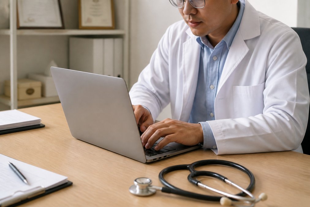A healthcare provider sitting at a desk, logging into a laptop with a secure authentication screen visible, stethoscope resting on a clean medical office desk under warm overhead lighting