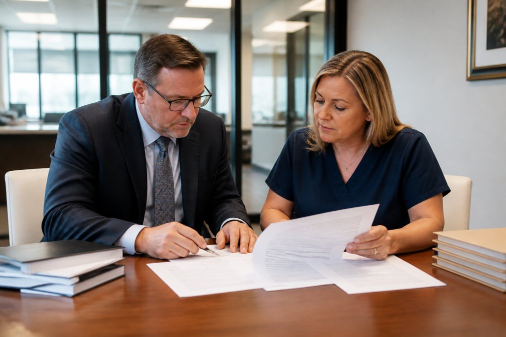 A professional attorney and a healthcare practice owner reviewing compliance documents together at a conference table, both focused on printed paperwork under bright office lighting