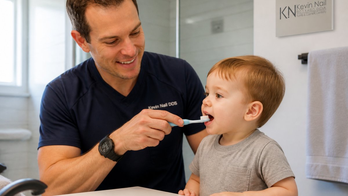Parent gently brushing a toddler's teeth with a soft-bristled toothbrush, showing proper 45-degree angle and supervised technique in bright bathroom lighting