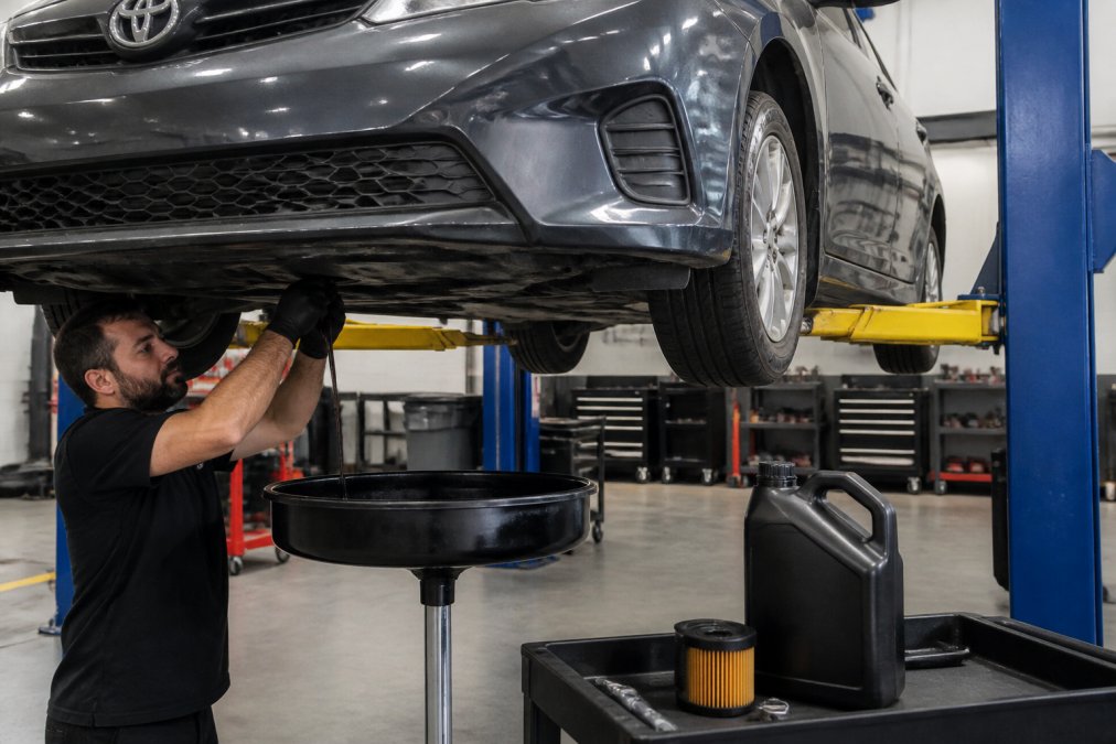Technician in a professional garage draining dark engine oil from underneath a Toyota Camry into a catch pan, bright workshop lighting, fresh oil jug and new filter visible on a nearby cart