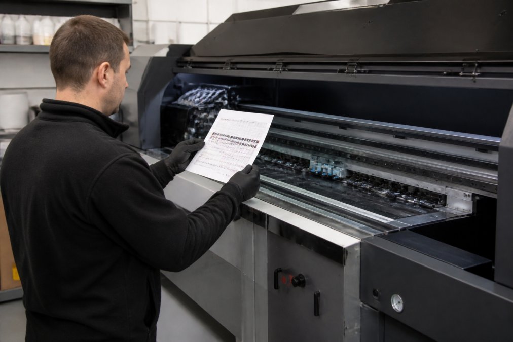 A print operator in a commercial print shop wearing gloves and holding a nozzle check printout, inspecting a UV printer's printhead area under workshop lighting
