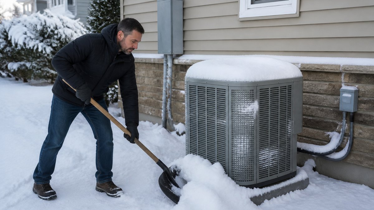 A homeowner in a winter coat clearing snow away from a heat pump unit outside a suburban New Jersey house on a cold morning