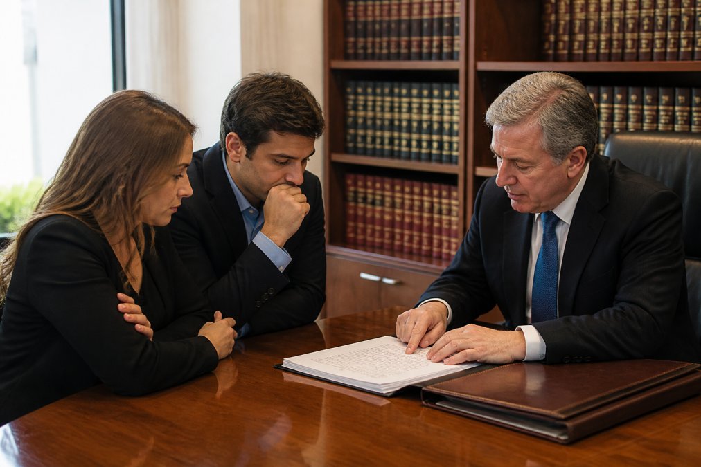 A grieving family meeting with a compassionate attorney in a bright, professional law office, reviewing documents together at a wooden table