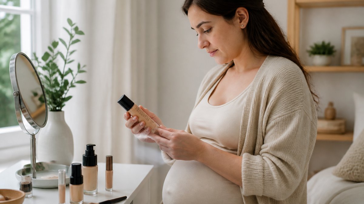 A pregnant woman with sensitive skin sitting at a vanity table, examining foundation bottles and reading ingredient labels in soft natural light