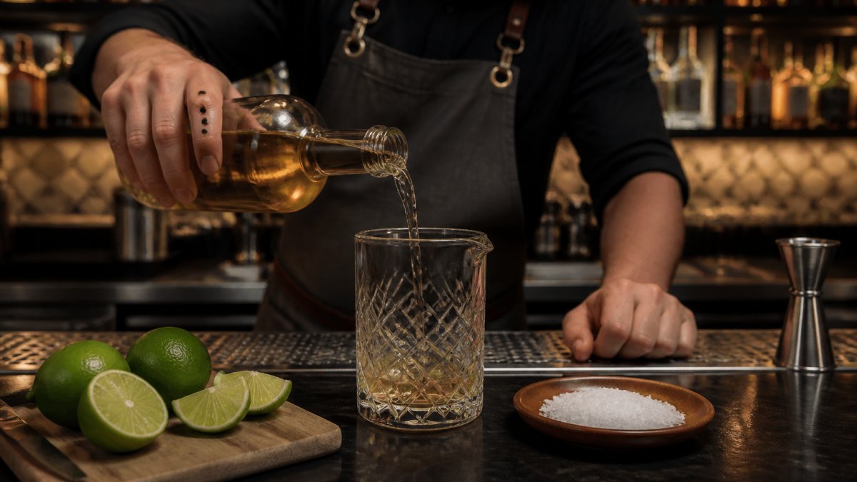 Bartender pouring golden reposado tequila into a crystal glass on a dark bar counter with lime wedges