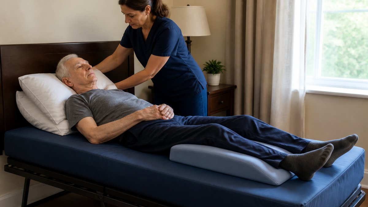Caregiver adjusting pillows and positioning an elderly patient on a therapeutic mattress with proper body alignment, natural window lighting in a home bedroom