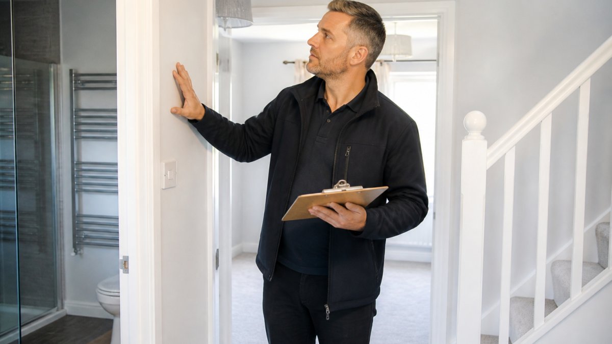 Professional property manager with clipboard conducting systematic inspection of rental property interior, checking walls and fixtures with natural daylight