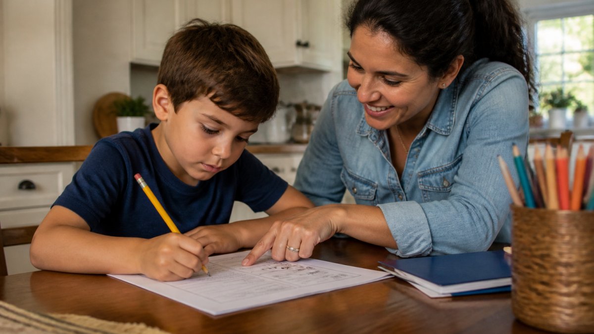 A young child sitting at a kitchen table, focused on filling out a worksheet with a pencil, with a parent nearby smiling and pointing to the page. Warm, natural lighting, cozy home environment.