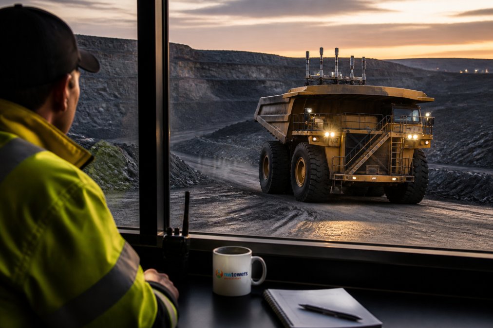 Autonomous haul truck in an open-pit mine controlled by an operator using private 5G connectivity solutions.