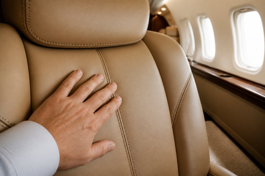 Close-up of a hand running across the smooth surface of a tan leather aircraft seat, showing the detailed stitching in a bright private jet cabin