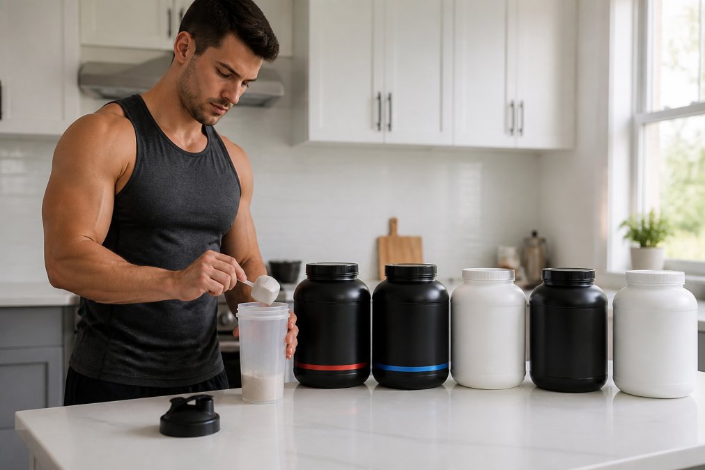 A beginner gym-goer in athletic wear scooping protein powder into a shaker bottle on a clean white kitchen counter, with five different protein powder tubs lined up in the background under bright natural light