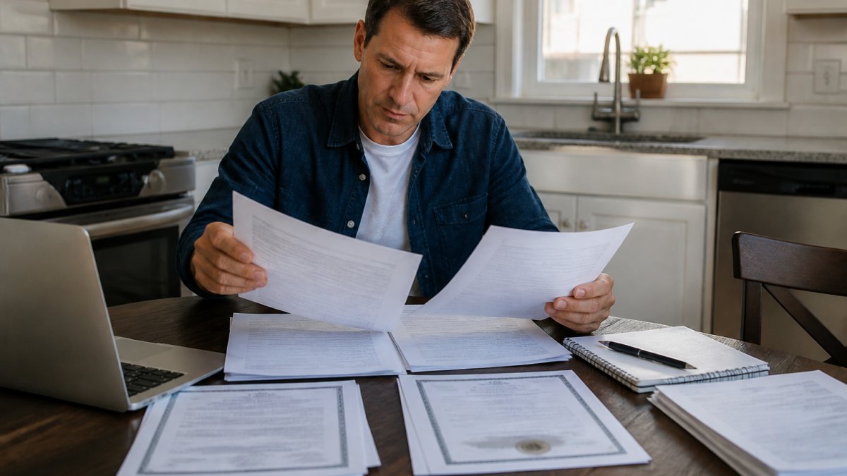 Homeowner reviewing contractor licensing documents, insurance certificates, and bonding paperwork spread across a kitchen table with a laptop and notepad