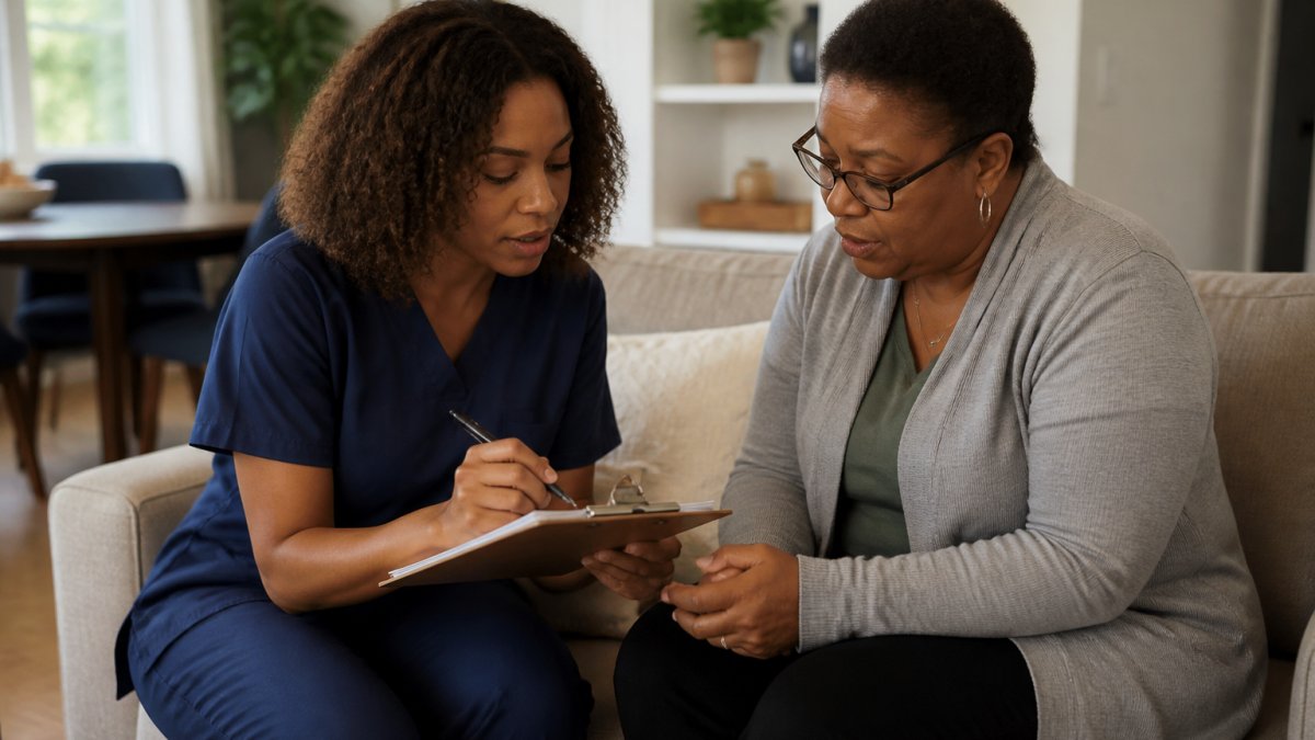 Adult child and professional caregiver sitting together in a comfortable living room, reviewing notes on a clipboard during an interview, with warm natural lighting and a calm atmosphere