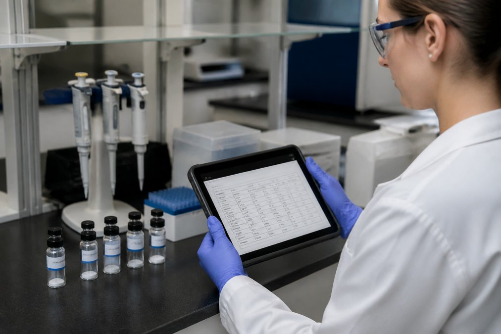 Researcher reviewing reagent specifications on a tablet for metabolic pathway research at a lab bench