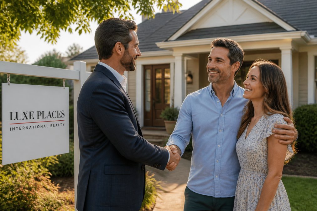 A professional real estate agent in a suit shaking hands with a happy couple in front of a charming Ukiah home, with a 'For Sale' sign in the yard and warm afternoon light