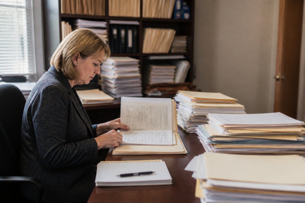 Professional title researcher reviewing property documents and title records at desk with multiple folders and computer screen displaying title search software in well-lit office environment