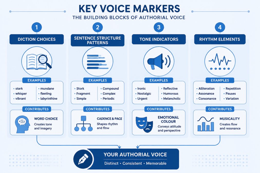 Infographic detailing diction, sentence structure, tone, and rhythm markers for developing authorial voice.
