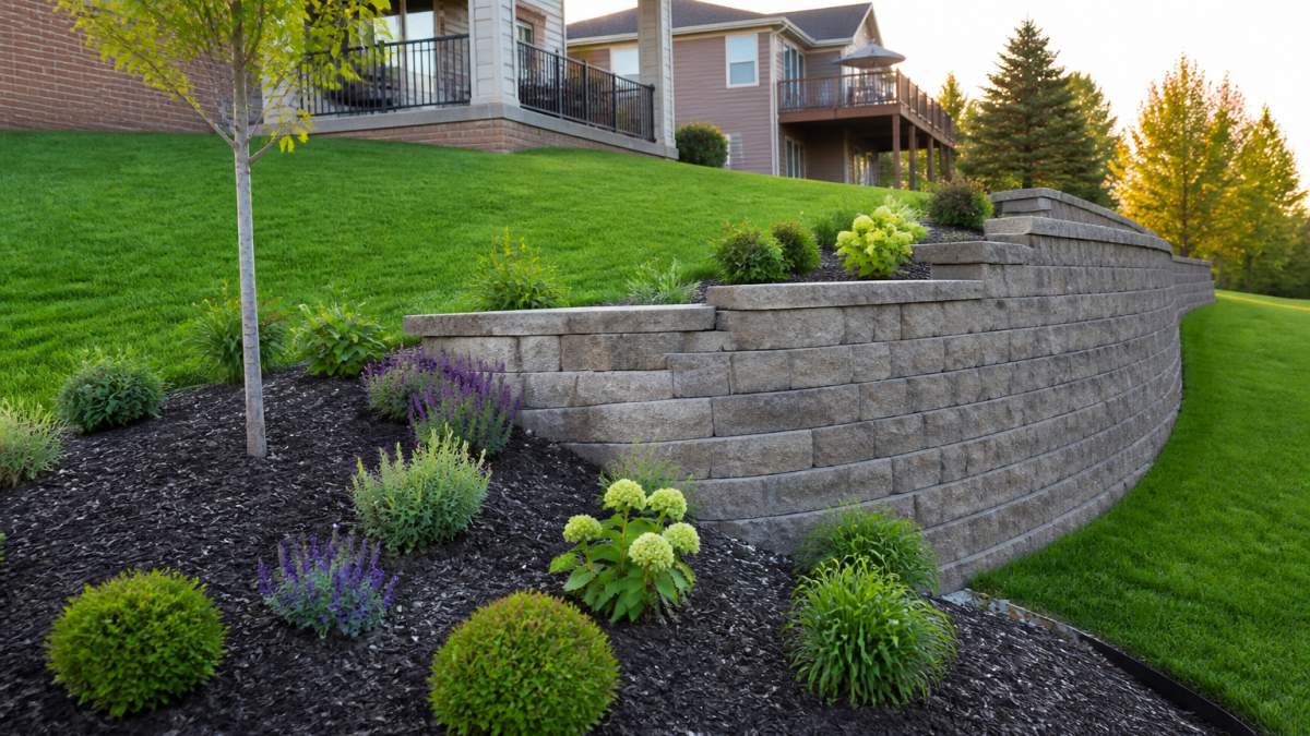 A completed segmental retaining wall built from textured concrete blocks, curving along a sloped residential yard in Michigan, with a landscaped garden bed and mulch in front and a freshly graded lawn behind it