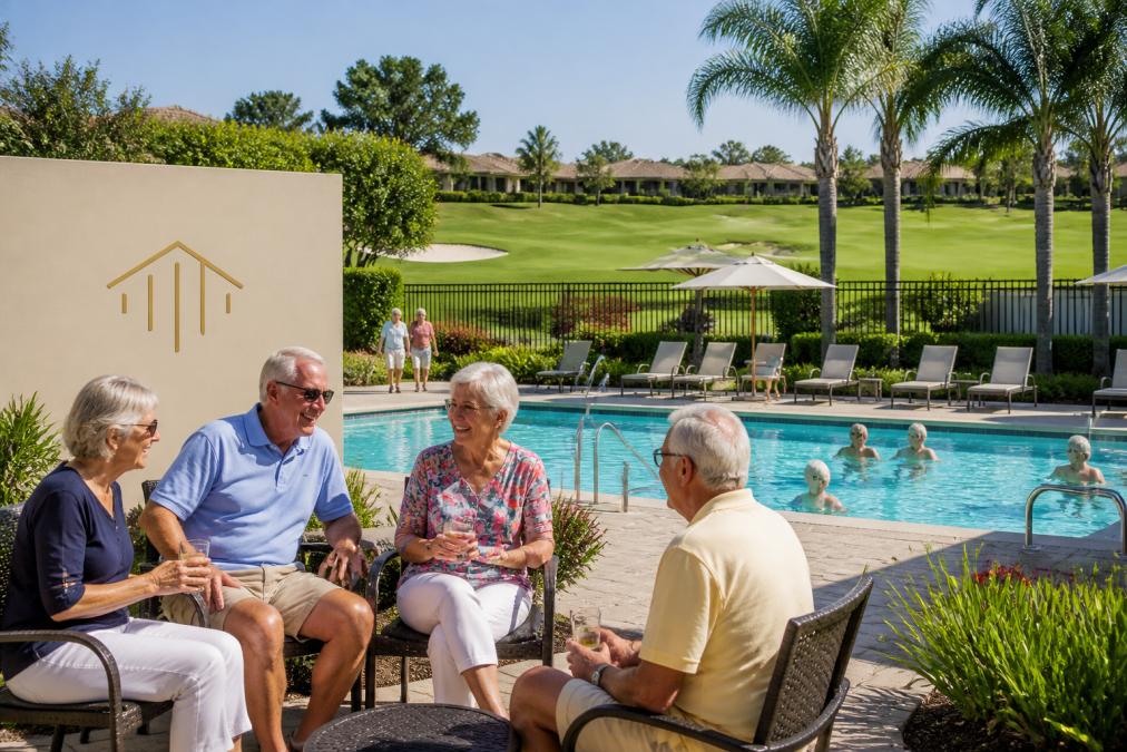 Active seniors enjoying outdoor recreational activities in a gated community setting with manicured landscaping, golf course visible in background, and residents socializing near resort-style pool area during afternoon sunlight